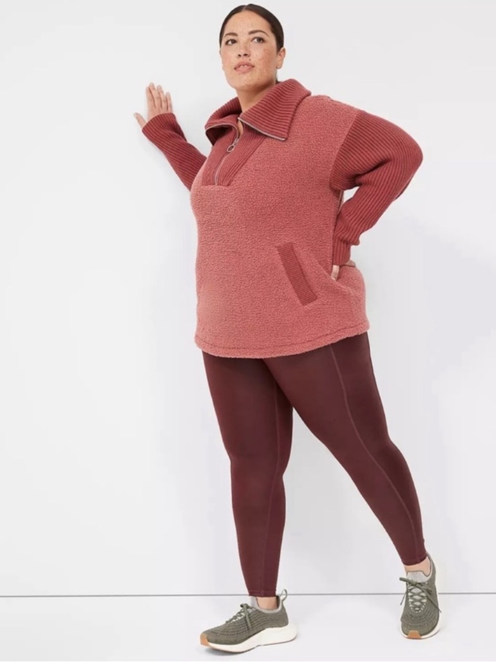 Lane Bryant LIVI Zip-Front Sherpa Sweater Mix Pullover Sz 14/16 Mauve Sweatshirt